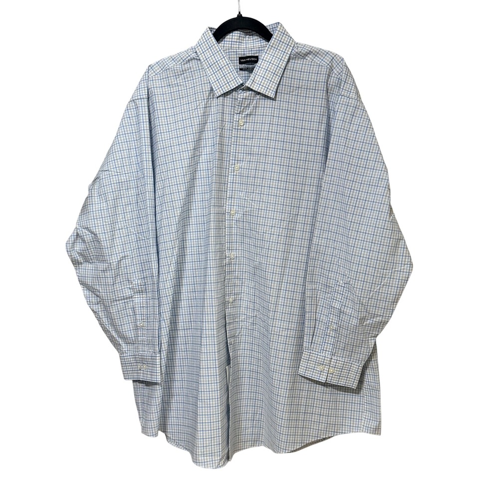 Van Heusen Mens 18 32/33 Big Fit Blue Check Comfort Performance Stretch Shirt